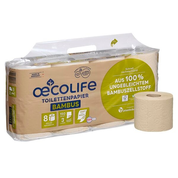 Toiletpapier bamboe, 3-laags, 8 rollen (1 verpakking van 8 rollen)