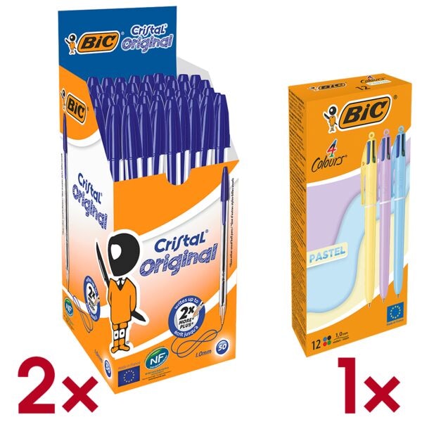 2 pakken van 50 balpennen »Cristal« incl. pak met 12 4-kleuren balpennen »4 Colo