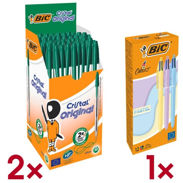 2 pakken van 50 balpennen »Cristal« incl. pak met 12 4-kleuren balpennen »4 Colo