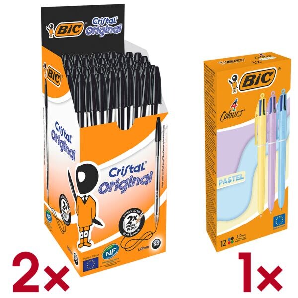 2 pakken van 50 balpennen »Cristal« incl. pak met 12 4-kleuren balpennen »4 Colo
