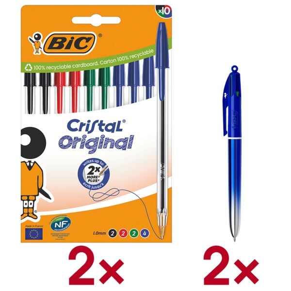 2 pakken van 10 balpennen »Cristal Original« incl. 2 balpennen met 4 kleuren »4
