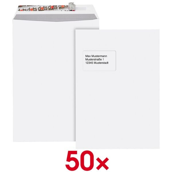 50 kartonnen enveloppen met achterwand, C4, papiergewicht 120 g/m², met venster