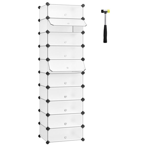 Schoenenrek met 10 vakken, wit, halfdoorzichtig, 43 x 31 x 173 cm