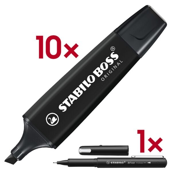 10x markeerstiften »BOSS&reg; Original« incl. fineliner »dr!ver« 0,4 mm (F) zwart