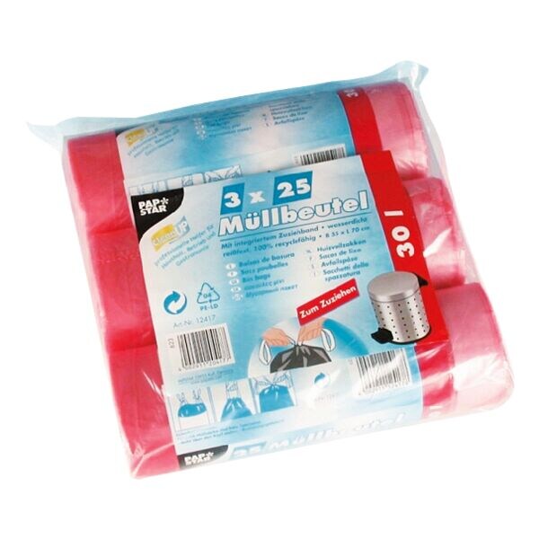 75 (3 rollen van 25) vuilniszakken met trekkoord 30 L rood