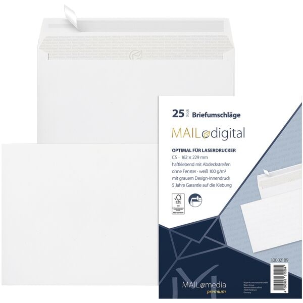 25 met laserprinter te bedrukken zak-enveloppen »Maildigital« C5 zonder venster