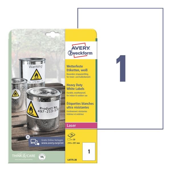 Weerbestendige folie-etiketten geel 210 x 297 mm »L6111-20 / L4775-20«