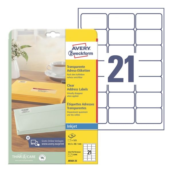 Transparante adresetiketten »J8560-25« 63,5x38,1 mm Inkjet