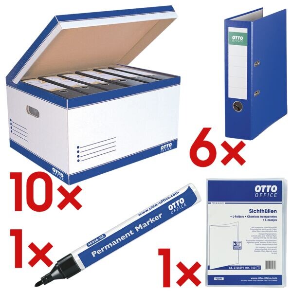 OTTO Office 10 cartons à couvercle rabattable « big » avec 6x classeur « Exclusive I » + 1x marqueur permanent et 1x chemises transparentes « Standard »