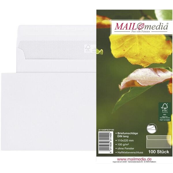 enveloppes Mailmedia, DL 100 g/m² sans fenêtre, fermeture à bande adhésive - 100 pièce(s) enveloppes Mailmedia, DL 100 g/m² sans fenêtre, fermeture à bande adhésive - 100 pièce(s)