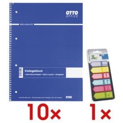 10x OTTO Office Collegeblock A4 kariert, 80 Blatt inkl. Haftmarker 150 Blatt gesamt, Papier, 50 x 18 mm