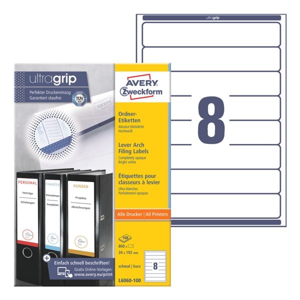 Avery Zweckform L6060-100 Ordneretiketten 34 x 192 mm - 800 Stück permanent haftend weiß, 5 cm