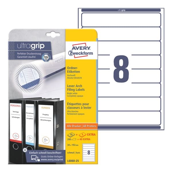 Avery Zweckform L6060-25 Ordneretiketten 34 x 192 mm - 240 Stück permanent haftend weiß, 5 cm
