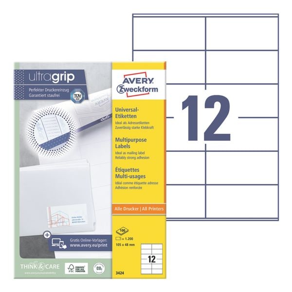 Avery Zweckform Klebeetiketten 105x48mm »3424 ultragrip« (1200er Pack) weiß