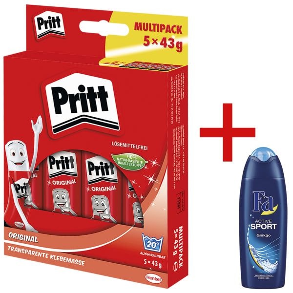 Pritt 5er-Pack Klebestifte »Stick« inkl. Duschgel »Fa - Active Sport« braun