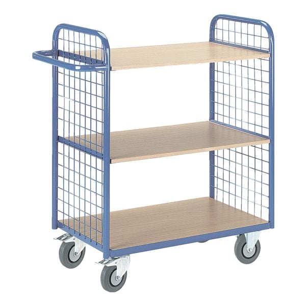 ROLLCART Etagenwagen mit 2 Gitterwänden 100x49 cm Holz-Ladefläche blau, 118x107x50 cm