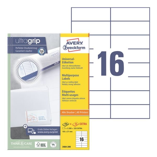 Avery Zweckform 3520er-Pack Universal-Etiketten mit ultragrip »3484-200« weiß