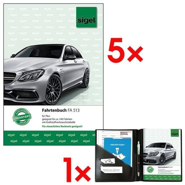 5x Fahrtenbuch »FA513« (A5 hoch) inkl. Fahrtenbuch-Einband »EF510« (für A5 hoch)