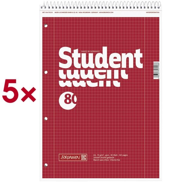 Brunnen 5er-Pack Notizblöcke »Student« A4 kariert rot - Papier