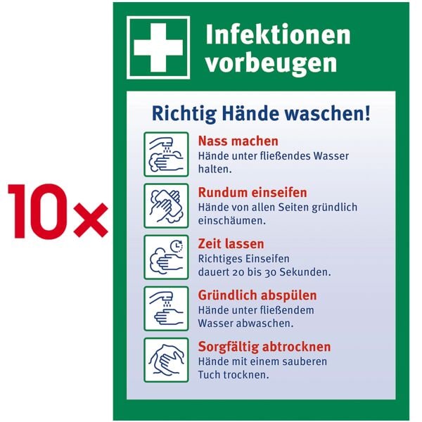 Marahrens Aufkleber / Hinweisschild »Richtig Hände waschen« 14,8 x 21 cm, 10 Stück