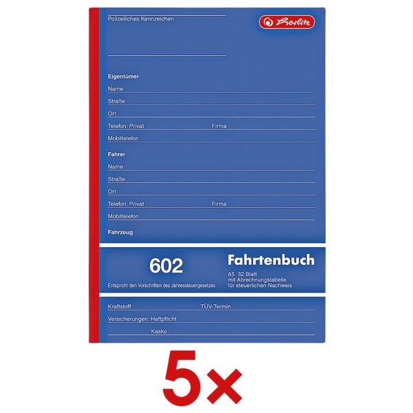 5x Fahrtenbuch »602«, A5 hoch