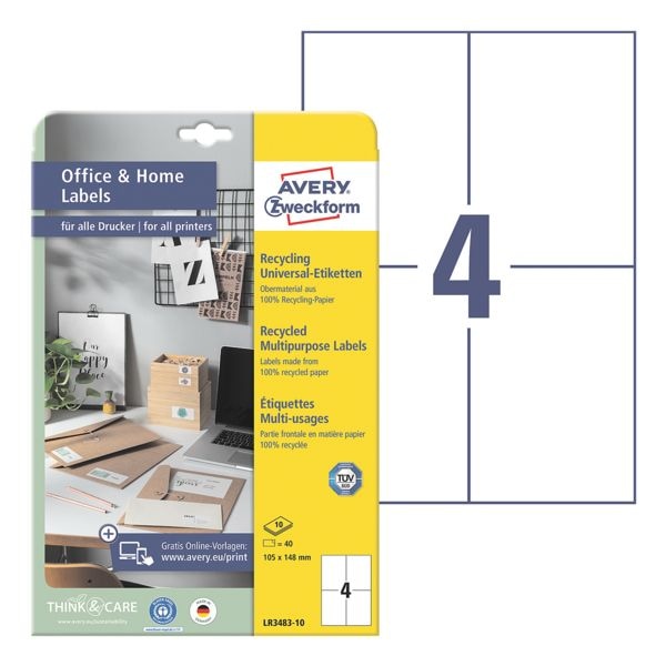 Avery Zweckform Recycling-Universaletiketten DIN A6 wiederablösbar naturweiß 105x148 mm 40 Stück weiß