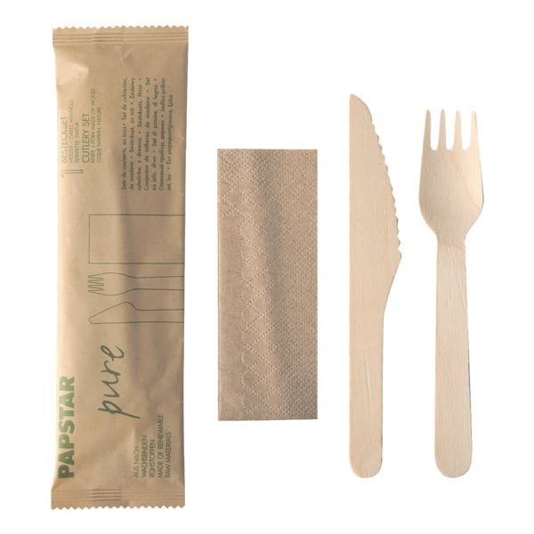 Papstar 50 Bestecksets Holz in Papierbeutel natur mehrfarbig