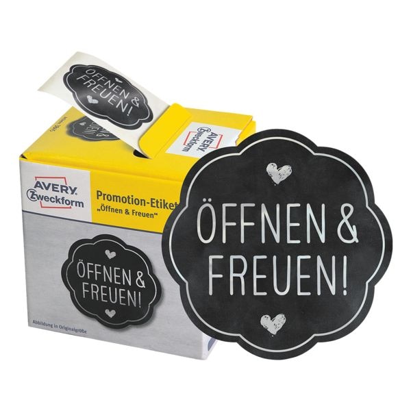 Promotion-Etiketten »Öffnen & Freuen!« 200 Stück im Spender