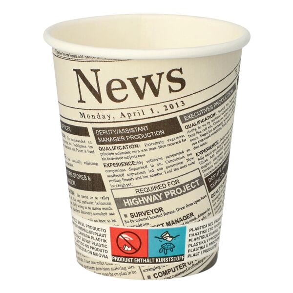 Papstar 50er-Pack Einweg-Trinkbecher »To Go Newsprint« 0,2 Liter weiß, 9.1 cm
