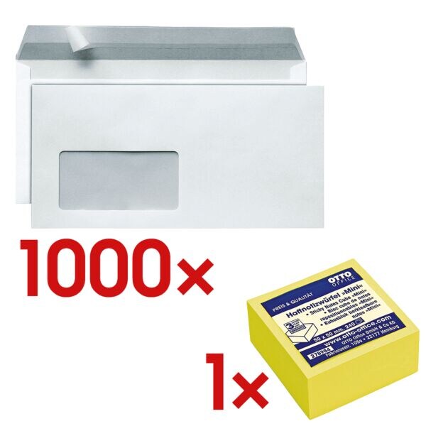 Image of 1000 Briefumschläge DL mit Fenster und Haftklebung inkl. Haftnotizwürfel 50x50 m
