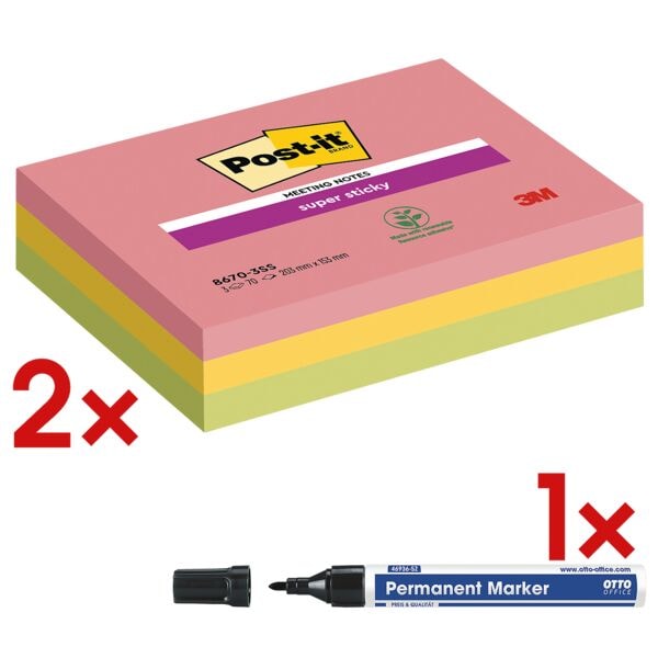 Post-it Super Sticky 2x 3 Haftnotizen »Meeting Notes« 203 x 153 mm inkl. Permanent-Marker