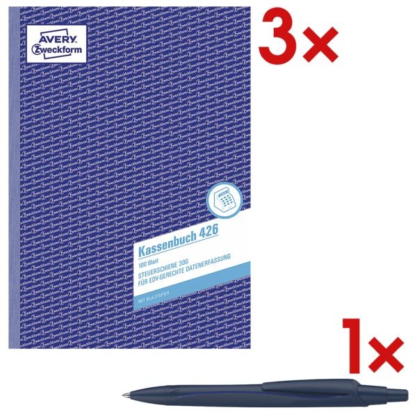 3x Formularbuch »Kassenbuch 426 (Steuerschiene 300)« inkl. Kugelschreiber »Reco«
