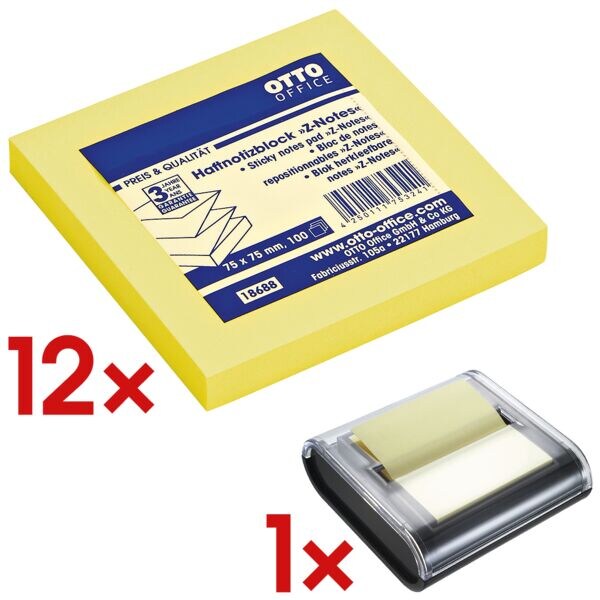 12x Haftnotizblock »Z-Notes« 75 x 75 mm inkl. Haftnotiz-Spender inkl. Haftnotizb