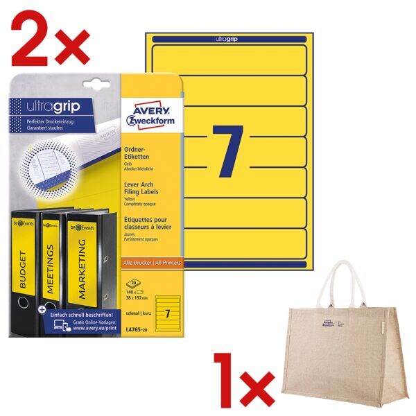 Avery Zweckform 2x Selbstklebende Ordnerrücken-Etiketten inkl. Jute Shopper »Large« gelb, 5 cm
