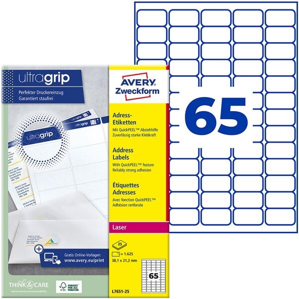 Adressetiketten permanent weiß 38,1x21,2 mm 1625 Stück L7651-25 mit ultragrip