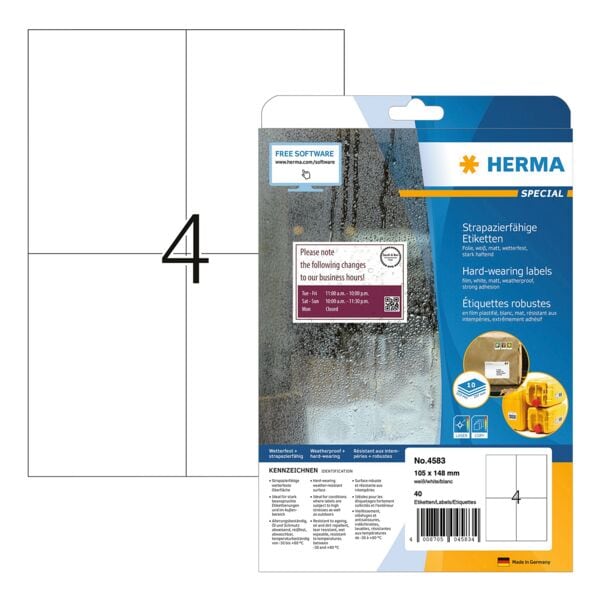 Herma Wetterfeste Folienetiketten permanent weiß 105x148 mm »4583« 40 Stück