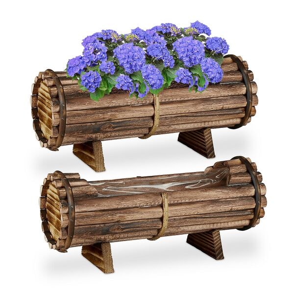 relaxdays 2er-Set Holz-Blumenkästen Fass-Design