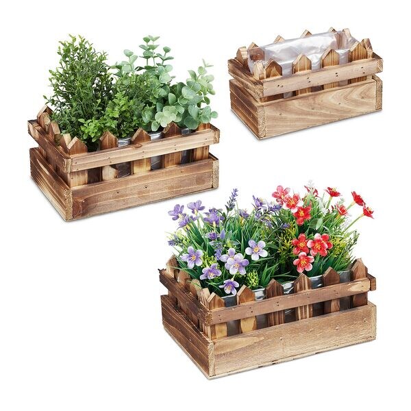 relaxdays 3er-Set Holz-Blumenkästen Zaun-Optik