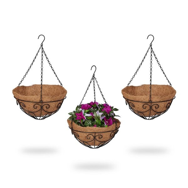 relaxdays 3er-Set Blumenampeln mit Kokoseinlage geschwungen