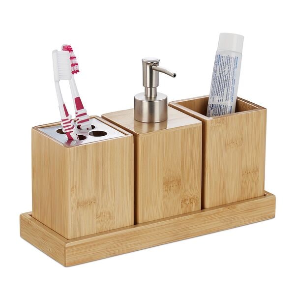 relaxdays 4-tlg. Badaccessoire-Set Bambus