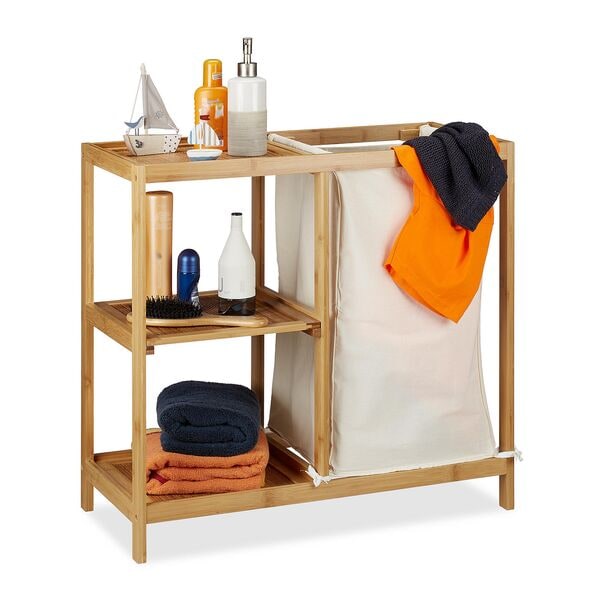 relaxdays Badregal mit Wäschekorb Bambus 65 x 68 x 33 cm natur/weiß