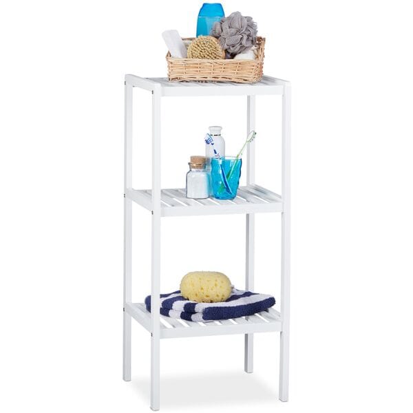 relaxdays Badregal Bambus mit 3 Ablageflächen 80 x 34,5 x 33 cm Weiß