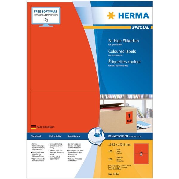 Herma Farbige Universaletiketten »4567 SPECIAL« permanent 199,6 x 143,5 mm 200 Stück Rot