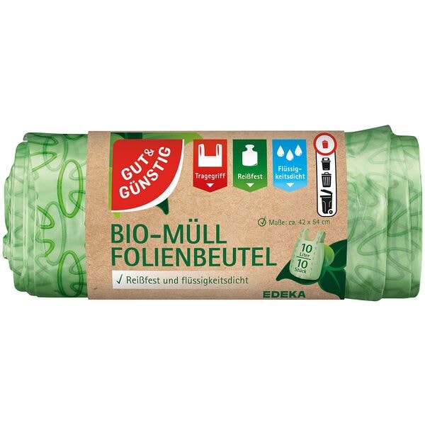 Gut und Günstig 10 L Bio-Müllbeutel mit Tragegriffen grün BIO-Müll Folienbeutel 10 Stück grün, 42x54 cm
