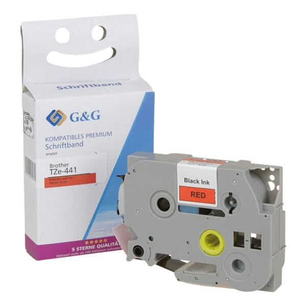 G&G Schriftband ersetzt Dymo TZe-441 schwarz auf rot 18 mm x 8 m, 1.8 cm