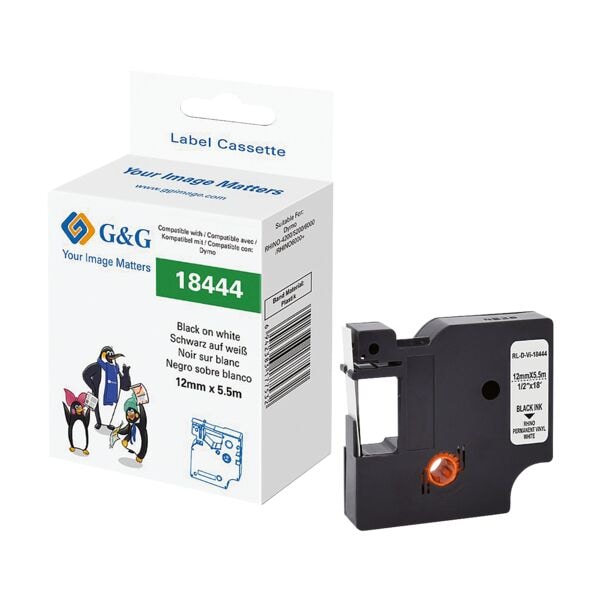 G&G Schriftband ersetzt Dymo 18432 / 18444 12 mm x 5,5 m schwarz auf weiß, 1.2 cm