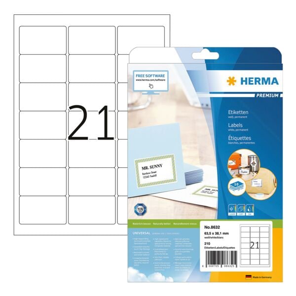 Herma Universaletiketten »8632« permanent weiß 63,5 x 38,1 mm 210 Stück, 3.81 cm