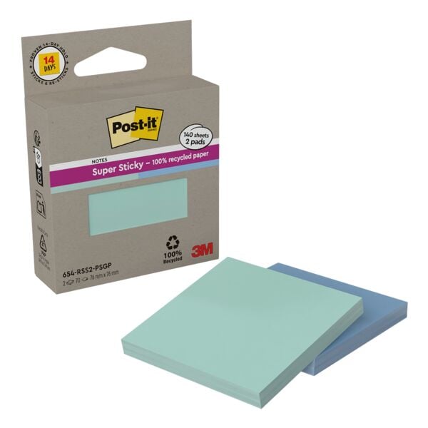Post-it Super Sticky Recycling 2x Haftnotizen »Super Sticky 100 % Recycling Notes« 7,6 x 7,6 cm mint / blau 70