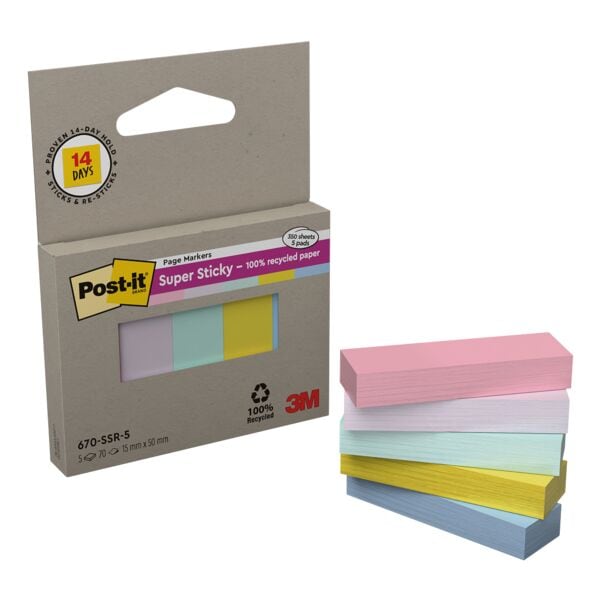 Post-it Notes 5x Haftnotizen »Super Sticky 100 % Page Marker« 1,5 x 5 cm gelb / rosa / lila /