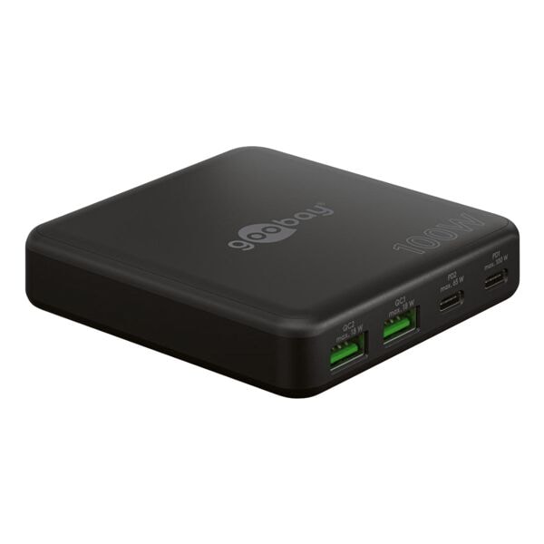 goobay Multiport-Tischladegerät GaN 2x USB-C (PD) / 2x USB-A (QC) 100 W schwarz, 8.27x1.95x9.1 cm